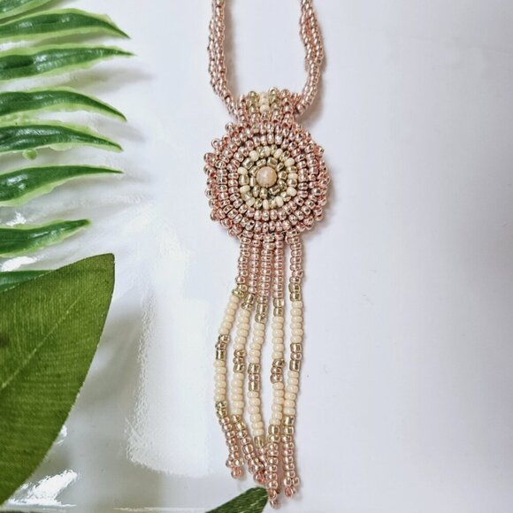 Rose Gold Fringe Beaded Indigenous Medallion Pendant Necklace | Handmade - Picture 1 of 10